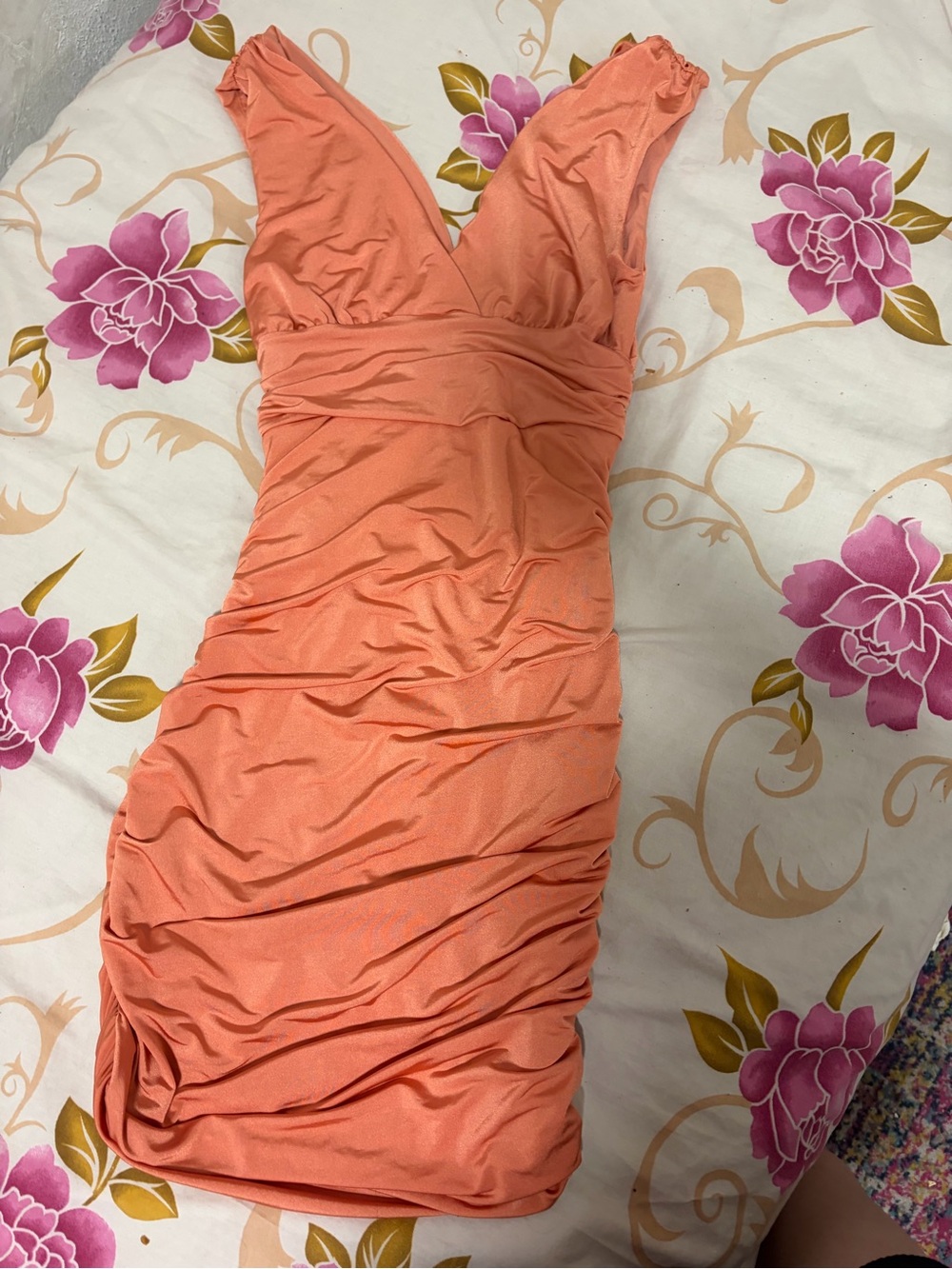 Forever 21 Coral Ruched V-Neck Mini Dress